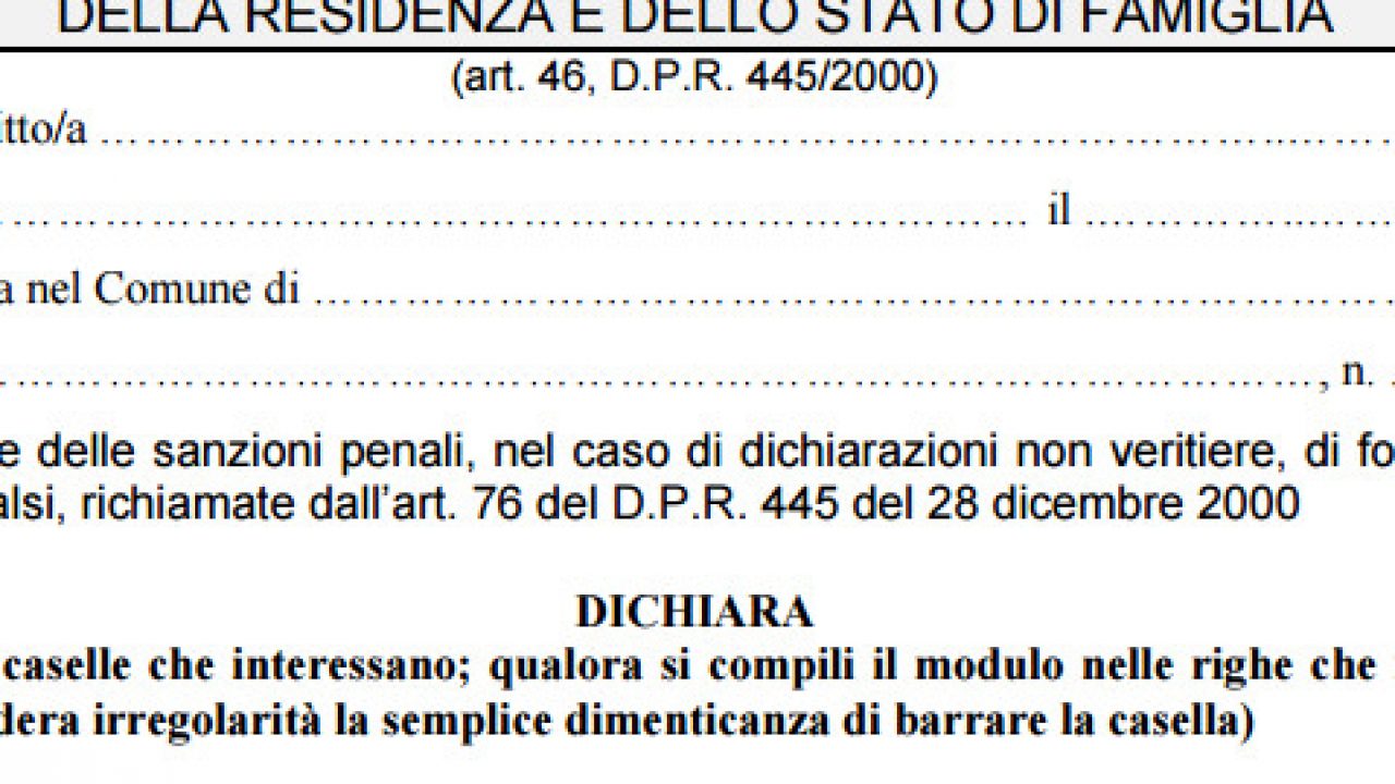 Modulo Autocertificazione Residenza E Stato Di Famiglia